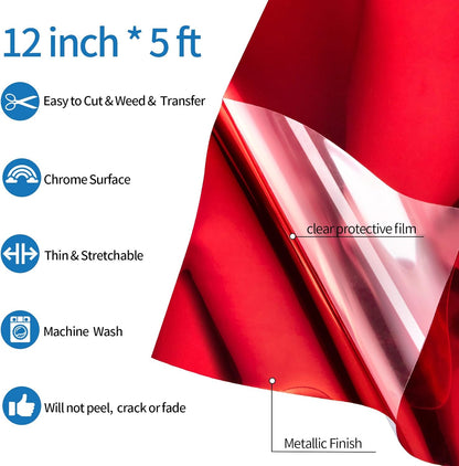 VINYL FROG Metallic Foil HTV Vinyl Roll 12" x5ft Red Heat Transfer Vinyl Chrome Iron on Vinyl Easy to Cut & Weed DIY Heat Press Design for T-Shirts
