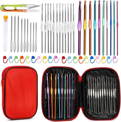 IMZAY 54 Pcs Crochet Hooks Set, 0.6mm-6.5mm Crochet Needles, Crochet Hooks Kit with Storage Case, Ergonomic Knitting Needles Stitch Marker Hand Craft Knitting Accessories for Beginners (Red)
