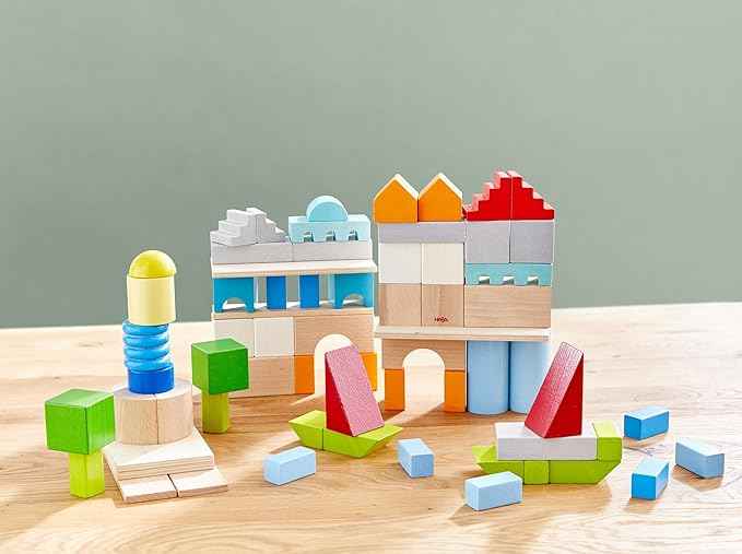 HABA Colored Wooden Building Blocks - Set of 85 Piece Set of Wooden Toys, Stacking Toys for Toddlers 1-3 Ideal Open Ended STEM Play (Made in Germany)