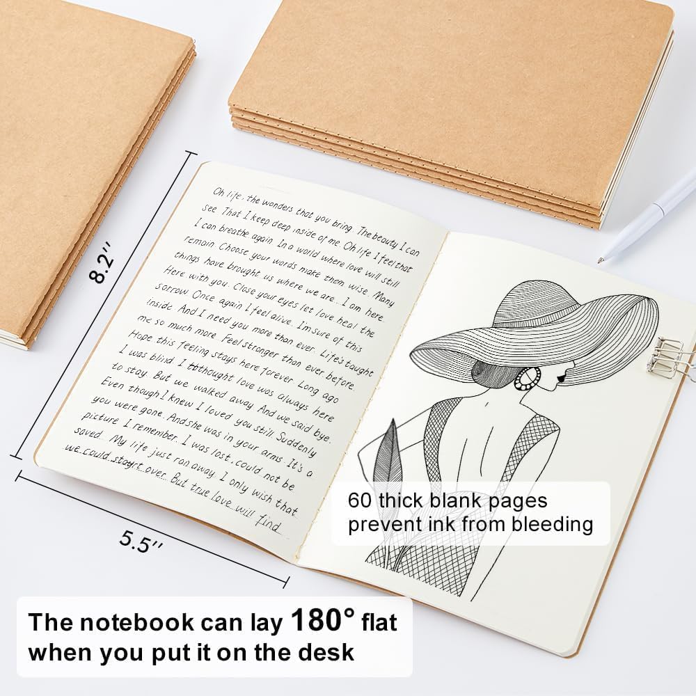 feela 8 Pack Unlined Kraft Paper Notebooks, Blank Journal Note Pad for Drawing Writing, Small Sketchbook Travel Journal Bulk for Women Kids Students Office School Supplies, A5, 60 Pages, 8.3” X 5.5” - Crafty Corner