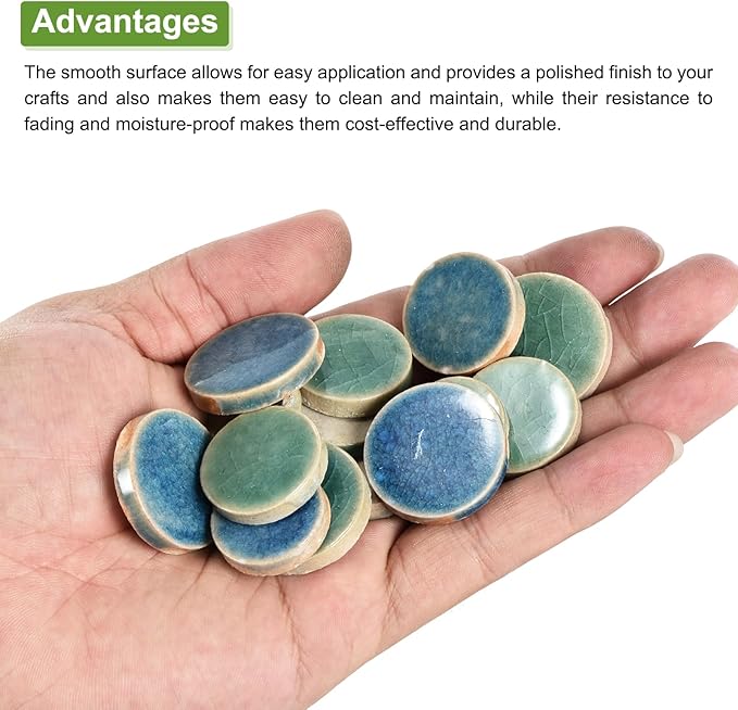 MECCANIXITY 200g Ceramic Mosaic Tiles for Crafts Bulk, Round Ice Crack Blue Green Ceramic Tiles for Mosaic Kits Garden Stepping Stone Cup Mat