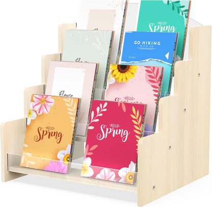 4-Tier Wooden Greeting Card Display Stand, Acrylic Brochure Holder for Retail Counter, Craft Fairs Photo Picture Postcard Organizer Rack, Space-Saving Desktop Display