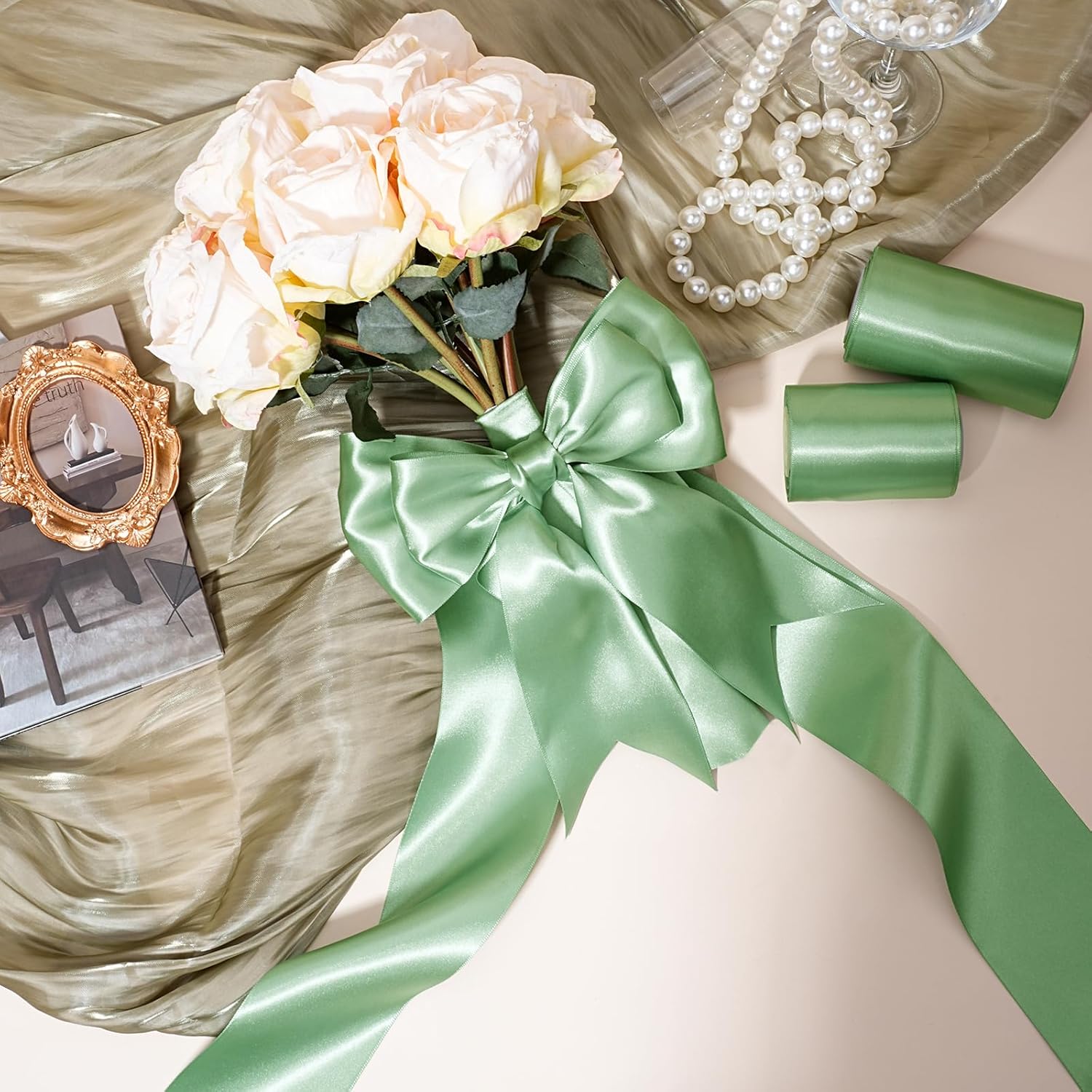 LaRibbons Sage Green Satin Ribbon 4 Inch 10 Yards Double Faced Luxury Light Green Silk Ribbon for Gift Wrapping Flower Bouquets Bow Christmas Wedding Party Decoration - Crafty Corner