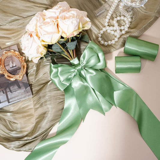 LaRibbons Sage Green Satin Ribbon 4 Inch 10 Yards Double Faced Luxury Light Green Silk Ribbon for Gift Wrapping Flower Bouquets Bow Christmas Wedding Party Decoration - Crafty Corner