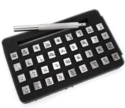 Yoption 37 Pieces Leathercarft Stamping Tool Set, 26 Letters Alphabet & 10 Numbers Stamps Steel Punch Tool 3mm+1 Stamping Handle for Leather Craft