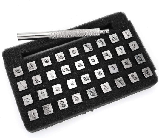 Yoption 37 Pieces Leathercarft Stamping Tool Set, 26 Letters Alphabet & 10 Numbers Stamps Steel Punch Tool 3mm+1 Stamping Handle for Leather Craft