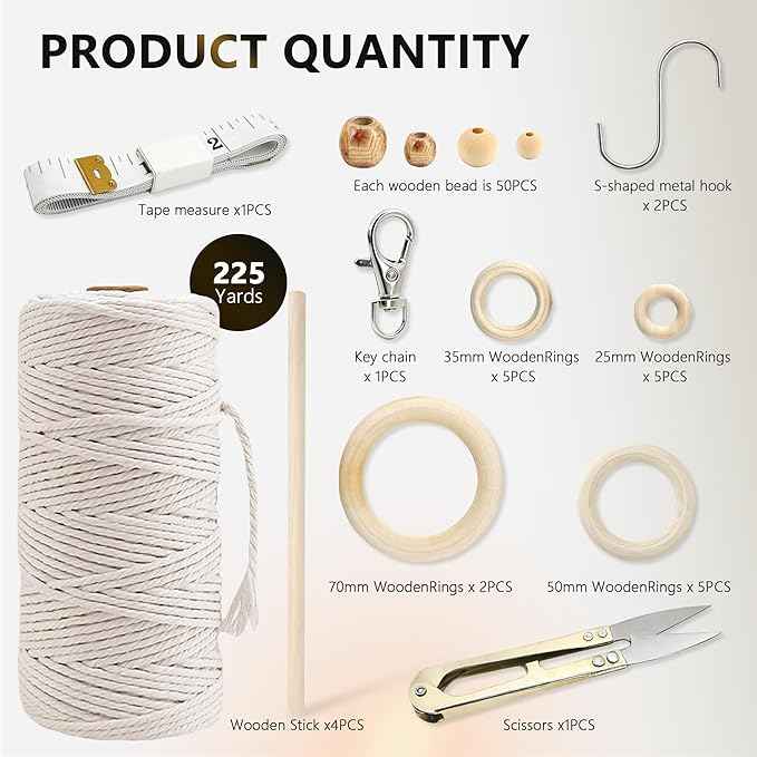 227pcs Macrame Kits 3mm 115yards Wall Hanging Natural Cotton Macrame Cord with Wooden Beads & Rings Wooden Sticks, Metal S-hooks Supplies for Hanging Plant Hand Tassel weaving