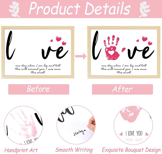 QOUBAI Mother's Day Handprint Art Gifts DIY Kit Mother's Day Craft from Daughter Son Kids Adults Love Handprint Keepsake with Wood Frame for Mom Grandma Lovers Birthday Holiday Activities 12x16 Inch