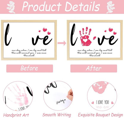 QOUBAI Mother's Day Handprint Art Gifts DIY Kit Mother's Day Craft from Daughter Son Kids Adults Love Handprint Keepsake with Wood Frame for Mom Grandma Lovers Birthday Holiday Activities 12x16 Inch