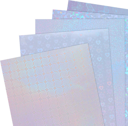 KEILEOHO 50 Sheets A4 Holographic Paper Sticker, 10 Patterns Styles Clear Waterproof Self Adhesive Film, 11.7 x 8.3 Inches Holographic Cardstock