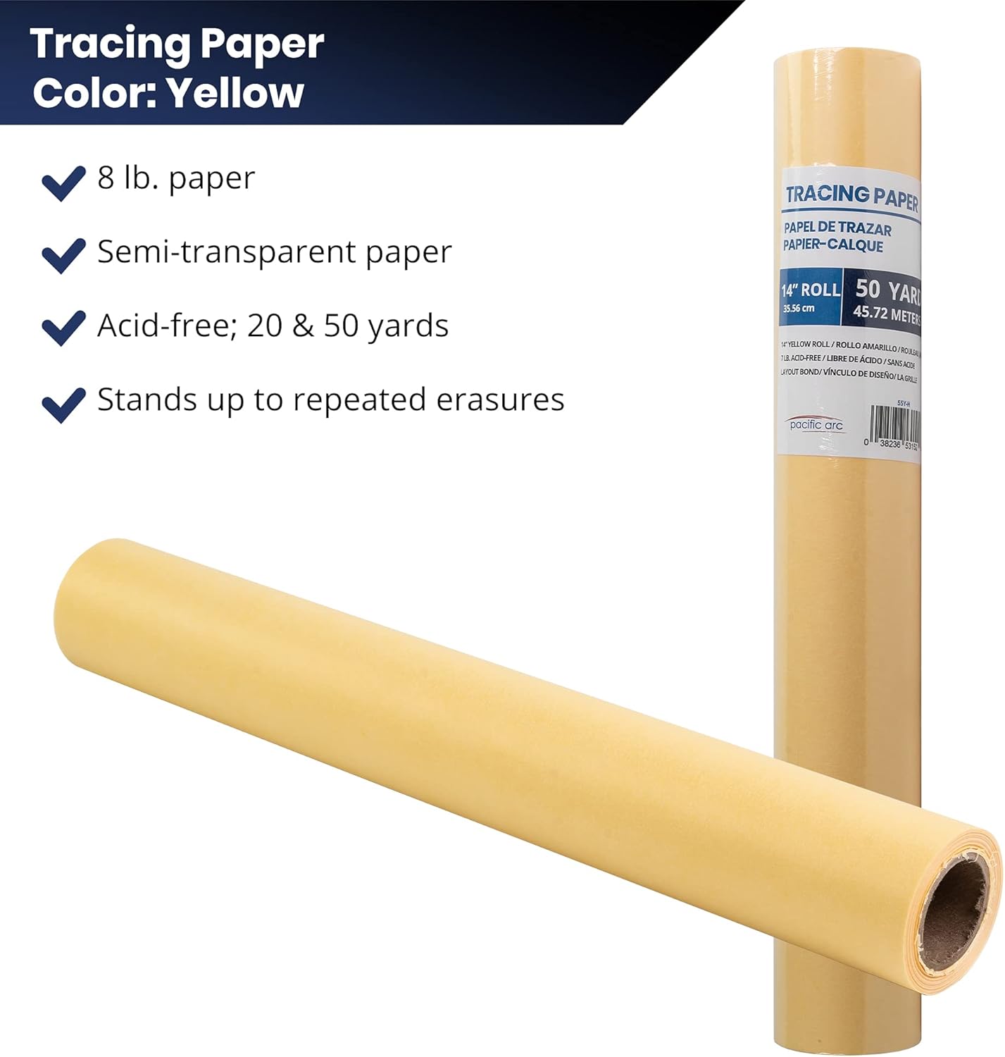 Pacific Arc Tracing Paper Roll, Yellow, 12 Inch x 50 Yard Roll