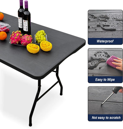 70.8" W X 29" D X 29" H - 6 ft Folding Table Black Wood Grain Portable Heavy Duty Plastic Fold-in-Half Utility Foldable Table for Camp，Picnic & Party