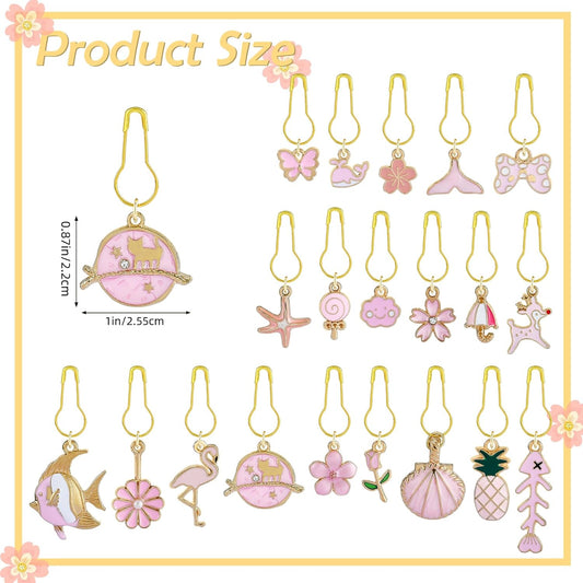 BEEFLYING 20Pcs Cute Mixed Pink Stitch Markers, Alloy Enamel Knitting Stitch Marker Charms Pendants for Sewing Crocheting and Knitting