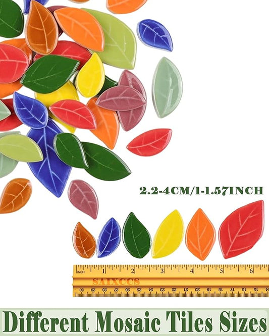 200g Mixed Sizes Leaves Mosaic Tiles for Craft Bulk, Small Ceramic DIY Stepping Stone Kit, Glazed Porcelain Tiles for Coasters Lamp Bathroom Decorations (Burgundy)