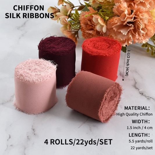 TONIFUL 4 Rolls Silk Chiffon Ribbon, 1-1/2 Inch x 22yds, Red Chiffon Ribbons Set, Handmade Fringe Silk Ribbon for Gift Wrapping Bridal Bouquets Wedding Invitations Decoration Crafts - Crafty Corner