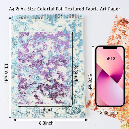 A5 & A4 Size Colorful Foil Textured Fabric Art Paper Scrapbooking Decorative, 20 Sheets Sparkle Metallic Lace Mesh for Crafts, Junk Journaling Supplies, Card Making, Collage