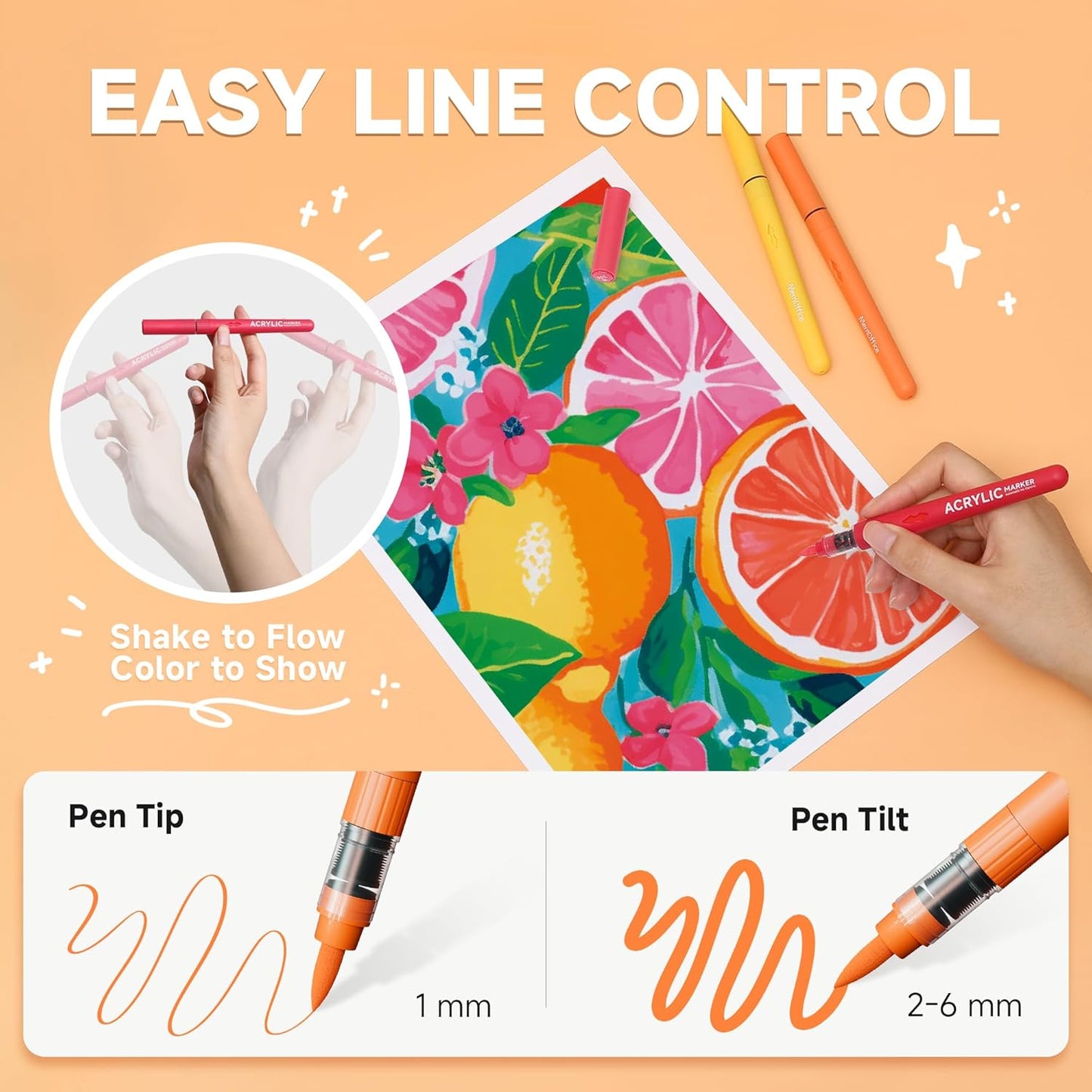 MemOffice Direct Liquid Acrylic Paint Markers, 60 Colors Brush Tip Pens with Carrying Case, No Bleed, Waterproof, for Rock, Wood, Canvas, Glass, Fabric, DIY Crafts for Adults & Kids