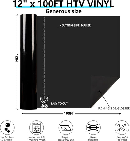 Guangyintong Black HTV Heat Transfer Vinyl Rolls, 12" X 100ft Iron on Vinyl PVC Adhesive for T-Shirt, Easy to Cut & Weed for DIY Design