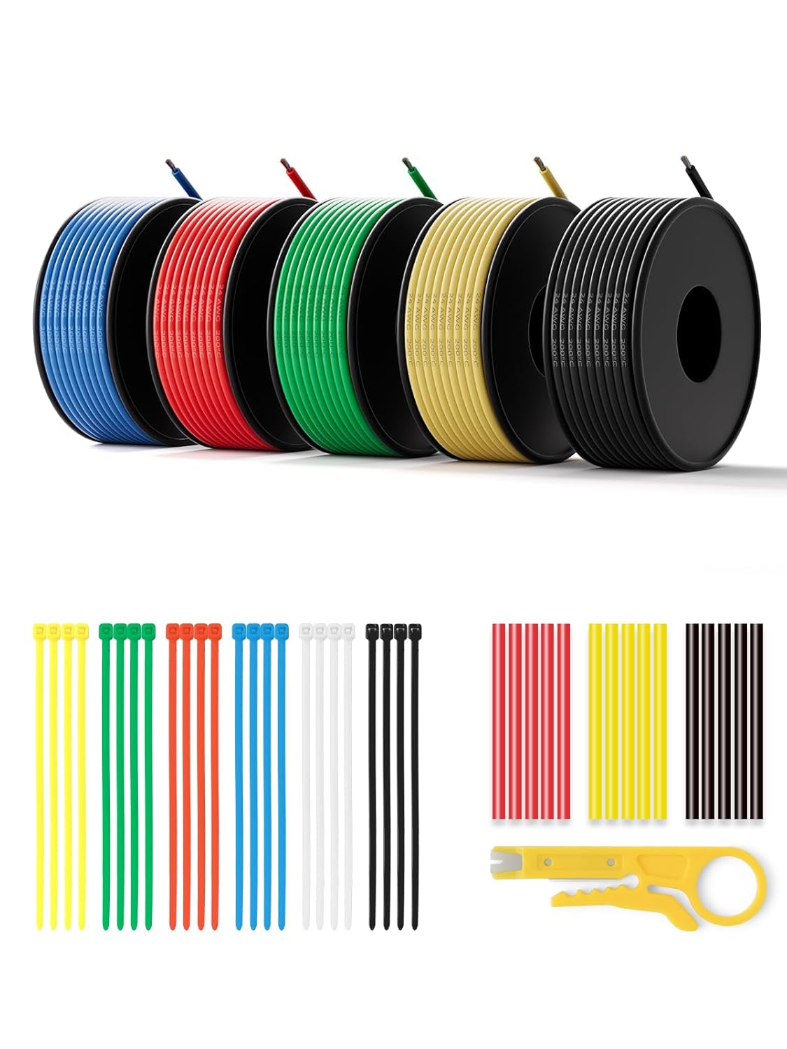 24 AWG Silicone Wire Kit 250FT, 24 Gauge Stranded Tinned Copper Wire Spool, 5 Colors 50FT Each,Flexible Electrical Wire for DIY, Automotive, LED, Arduino, Battery Projects