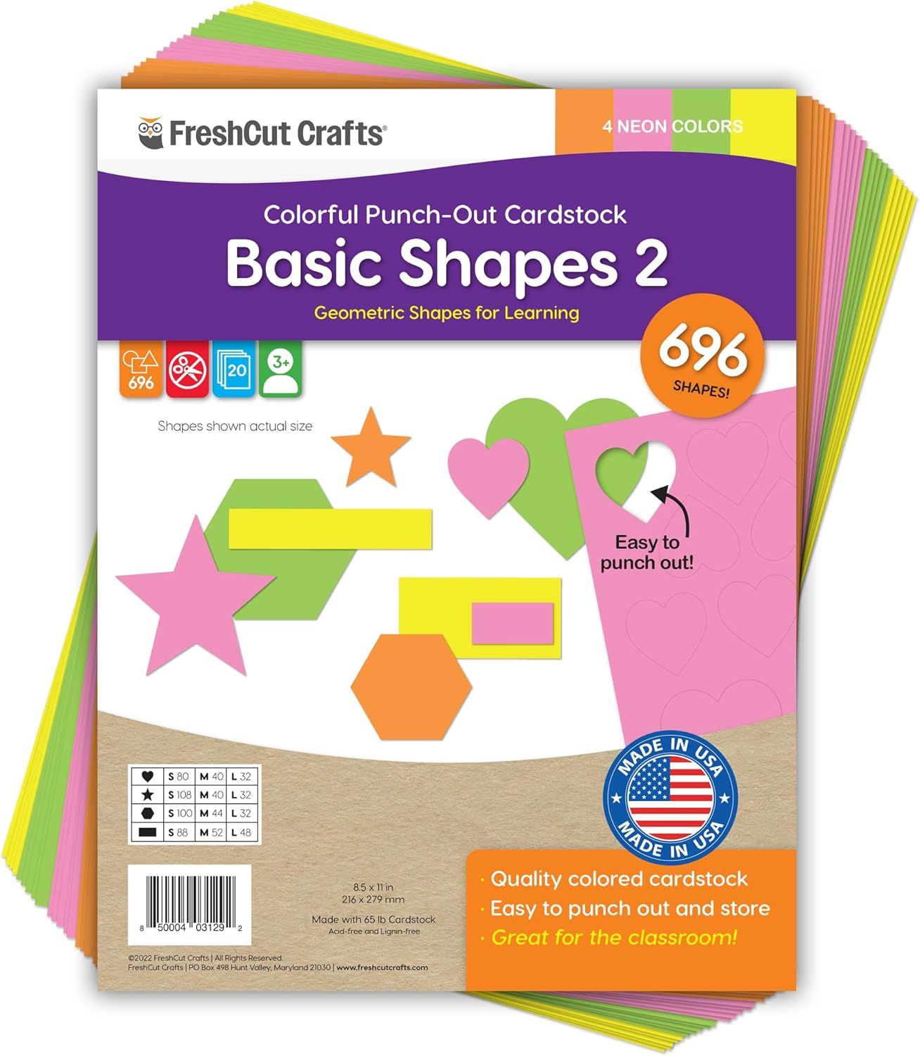 Basic Shapes 2: Hearts, Stars, Hexagons, Rectangles, 696 Pieces US Made Card Stock Punch Out Geometric Shapes in 3 Sizes and 4 NEON Colors for Math, Pattern Play and DIY Crafting - Crafty Corner