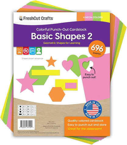 Basic Shapes 2: Hearts, Stars, Hexagons, Rectangles, 696 Pieces US Made Card Stock Punch Out Geometric Shapes in 3 Sizes and 4 NEON Colors for Math, Pattern Play and DIY Crafting - Crafty Corner