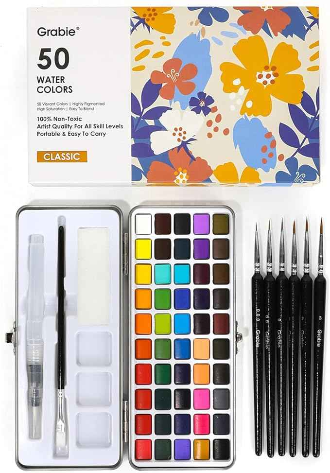 Grabie 50 Colors Watercolor Paint Set, Detail Paint Brush Included, Watercolor Paints, Painting Sets, Art Supplies for Painting, Travel Watercolor Set, Amateur Hobbyists