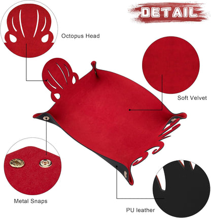SIQUK 2 Pieces Octopus Dice Rolling Tray PU Leather Dice Mat Folding Scroll Dices Holder Trays for D&D RPG Games (Black, Red)