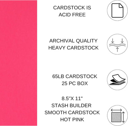 PA Paper Accents Stash Builder Cardstock 8.5" x 11" Hot Pink, 65lb Colored cardstock Paper for Card Making, Scrapbooking, Printing, Quilling and Crafts, 25 Piece Pack