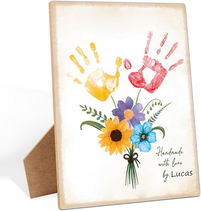 Flower Bouquet Handprint Art Keepsake Making Wooden Sign with Stand 9x12", Mothers Day Crafts for Classroom Family Activities, DIY Crafts Birthday Gifts for Mom Dad Grandma Grandpa Sister Auntie