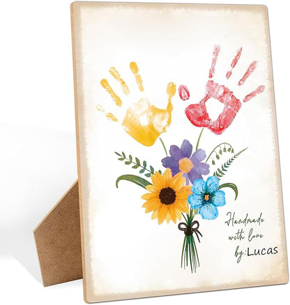 Flower Bouquet Handprint Art Keepsake Making Wooden Sign with Stand 9x12", Mothers Day Crafts for Classroom Family Activities, DIY Crafts Birthday Gifts for Mom Dad Grandma Grandpa Sister Auntie