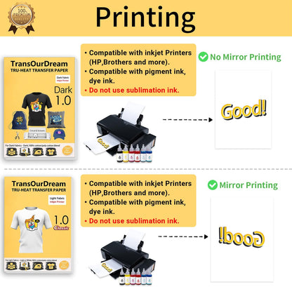 TransOurDream Tru-Heat Transfer Paper for Dark and Light T Shirts (10+10 Sheets, 8.5x11, Mix Pack) Printable Heat Transfer Vinyl for Fabrics Iron on Transfers for Inkjet Printer (D1L1)