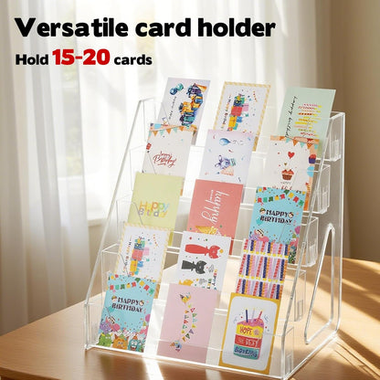 5 Tier Acrylic Card Display Stand(Tall Height), Clear Display Shelf Desktop for Trading Cards, Sports Cards, Greeting Card, Stickers & Brochures, Easy Clip-On Design
