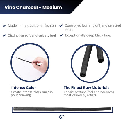 Pacific Arc Artist Vine Charcoal, Medium, Black 12 Pieces, Artist Vine Charcoal Sticks, Medium and Smooth Drawing Charcoal