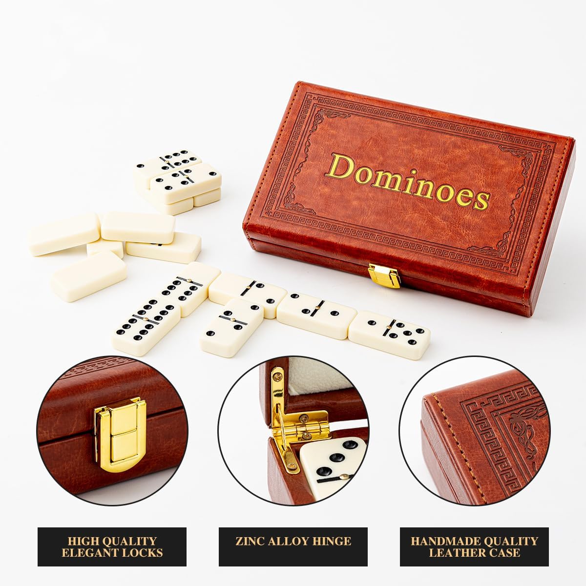 Double 6 Dominoes Set in Leatherette Case (28 Tiles with Spinner), Ivory