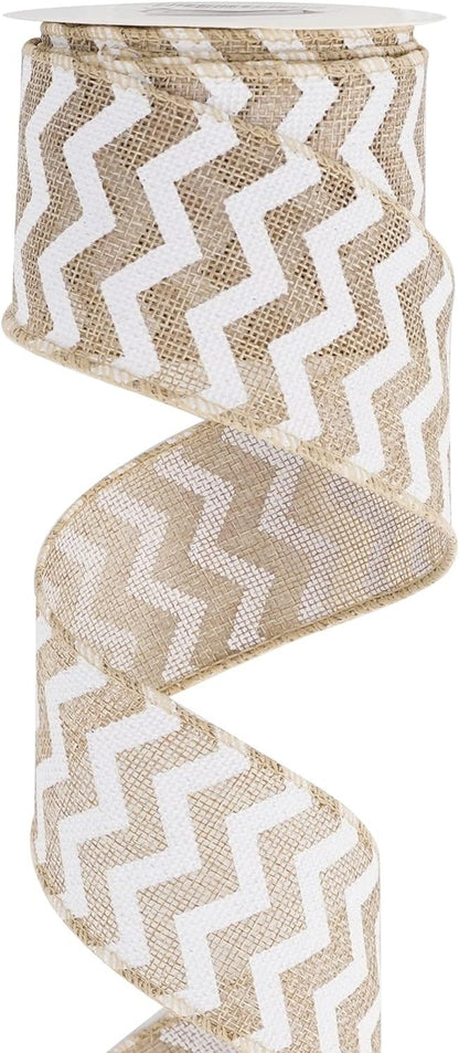 MEEDEE Burlap Ribbon with White Chevron Pattern - 2.5 Inch Wired Ribbon for Cakes, Wreaths, Rustic Decor, Baby Showers, Beach Parties, Farmhouse Gifts - 10 Yards - Crafty Corner