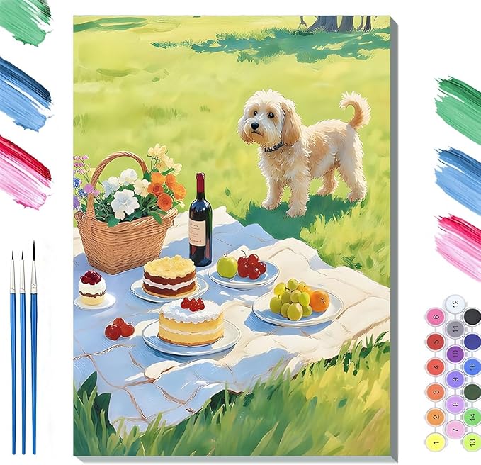 Paint by Numbers Kit for Adults Framed, Summer Picnic with Dog and Desserts, DIY Oil Painting, Pre-Printed Canvas Wall Art Home Decor Gift, 16x20inch Framed, 24 Colors