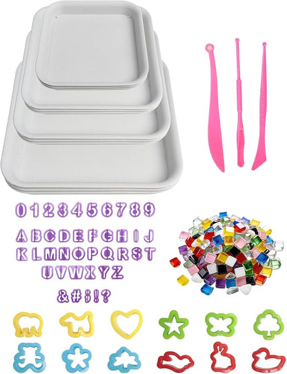 HAPPYER Stepping Stone Molds Kit 12PCS Square Concrete Molds Mosaic Tiles DIY Craft Kit for Kids Adults Garden Outdoor Cement Stone Mold Set with Letter Number Stamps Carving Tools No Concrete Mix
