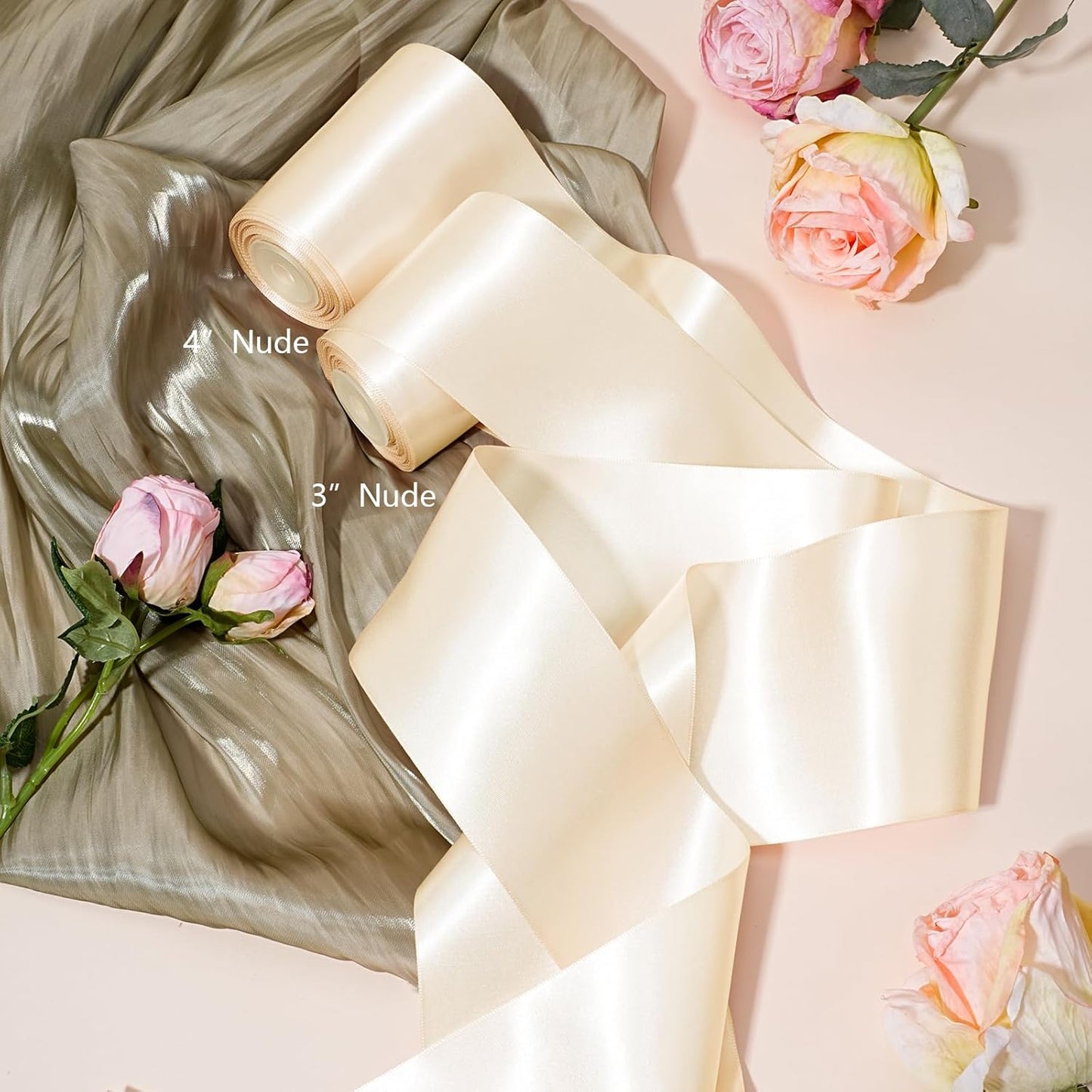LaRibbons Nude Satin Ribbon 3 Inch 10 Yards Double Faced Luxury Nude Silk Ribbon for Gift Wrapping Flower Bouquets Bow Christmas Wedding Party Decoration - Crafty Corner