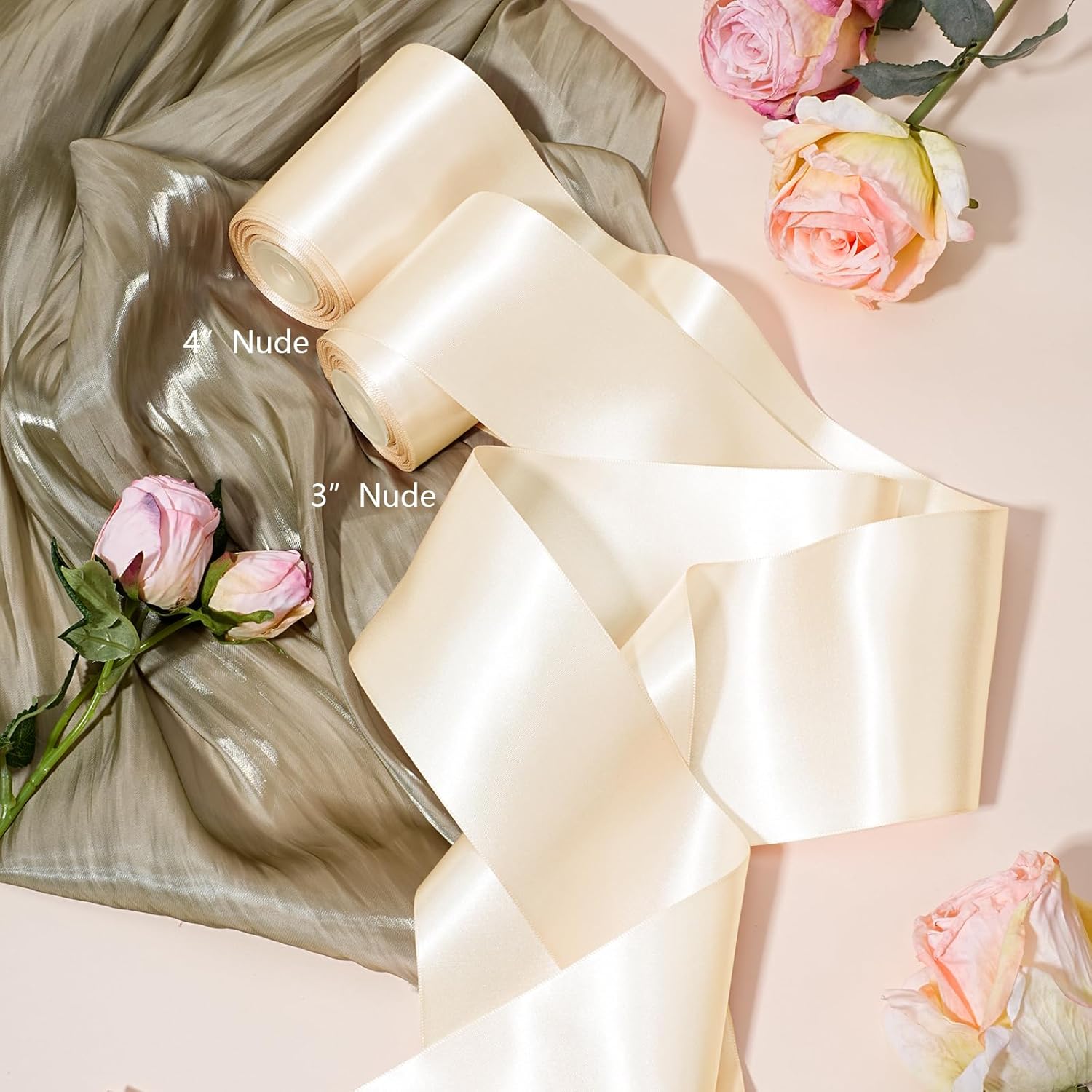 LaRibbons Nude Satin Ribbon 3 Inch 10 Yards Double Faced Luxury Nude Silk Ribbon for Gift Wrapping Flower Bouquets Bow Christmas Wedding Party Decoration - Crafty Corner