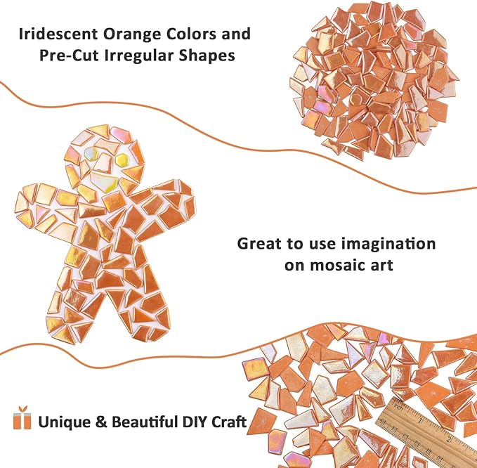 Youway Style Iridescent Glass Mosaic Tiles for Crafts Bulk,200g Orange Broken Mosaic Glass Pieces for Garden Crafts Kits,DIY Mosaic Art Decor