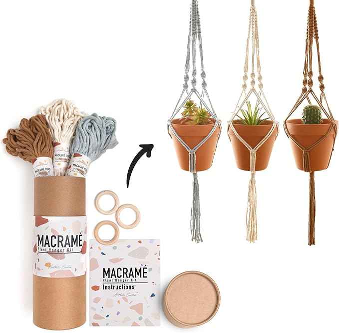 Aesthetic Creative Macrame Kit, Makes 3 DIY Plant Hangers for Teens & Adult Beginners, Craft Supplies for Boho Art Project-3 Custom Color Macrame Cord, Wooden Rings & Instructions