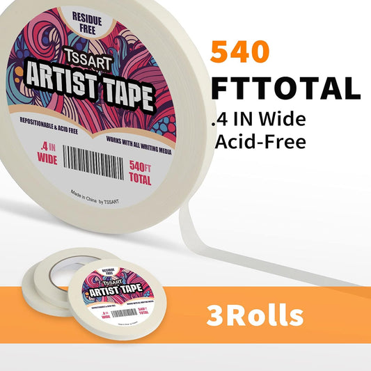 3 Pack White Artist Tape - Masking Artists Tape for Drafting Art Watercolor Painting Canvas Framing - Acid Free 0.4 Inch Wide 180FT Long