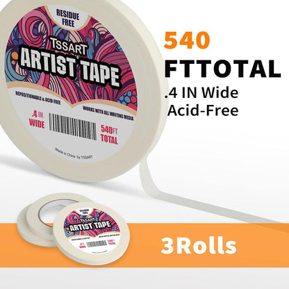 3 Pack White Artist Tape - Masking Artists Tape for Drafting Art Watercolor Painting Canvas Framing - Acid Free 0.4 Inch Wide 180FT Long