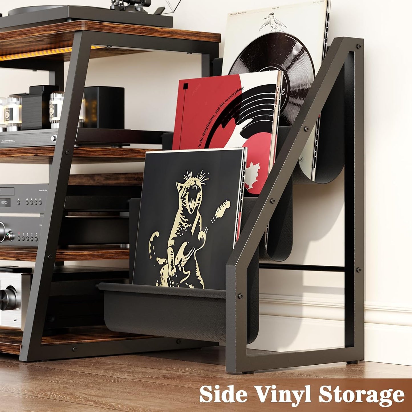 AV Media Stand with Outlets, Stereo Stands and Racks with Vinyl Storage, Stereo Stand with Record Storage, Audio Stereo Rack Cabinet, Turntable Console Stand with LED lights, 4 Tiers, Rustic Brown
