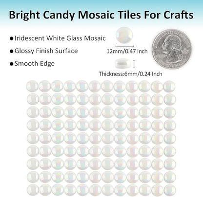 Artspac Glass Mosaic Tiles for Crafts Bulk,150g Round Mosaic Glass Pieces,Iridescent White Mosaic Tiles for DIY Garden Crafts Supplies, Crafts Ornaments