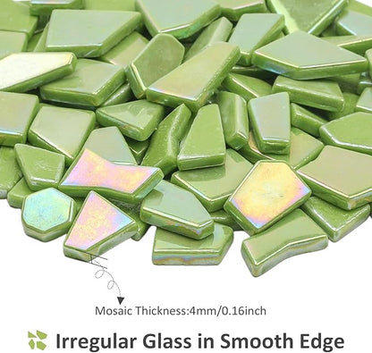 Youway Style Iridescent Glass Mosaic Tiles for Crafts Bulk,200g Green Broken Mosaic Glass Pieces for Garden Crafts Kits,DIY Mosaic Art Decor
