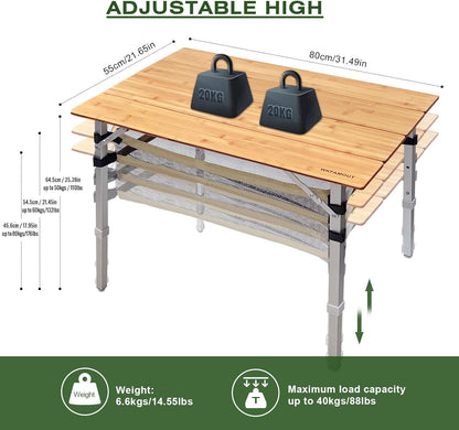 Bamboo Folding Camping Table 4 Folds with Adjustable Aluminum Legs Portable Picnic Table with Storage and Carry Bag for Outdoor Hiking Beach 2-4 Person