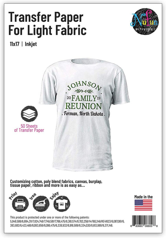 NuFun Activities Inkjet Printable Iron-On Heat TShirt Transfer Paper 11x17 (50, Light Fabrics)