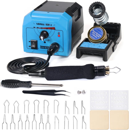YIHUA 939-II Wood Burning Kit Station Pyrography Pen 250~750℃/482~1382℉ Temperature Adjustable with 20 Wire Nibs, 1 Stable Pen Holder, 2 Stencils, 2 Scrap Wood, 1 S/S Tweezers, and 1 Pliers (Blue) - Crafty Corner