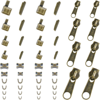 48-Piece Metal Zipper Repair Accessories Set - DIY Sewing Kit with Slider, Retainer, Box Insert, Pin, Top & Bottom Stoppers (Bronze)